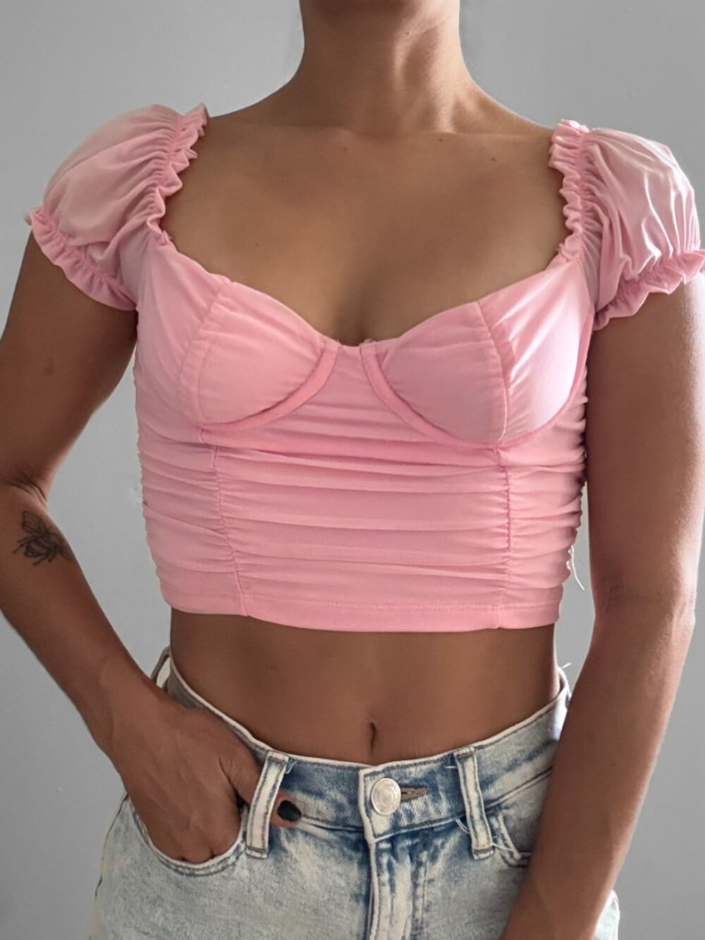 Pink Mesh Ruched Puff Sleeve Crop Top | Sweetheart Neck | Underwire | Size